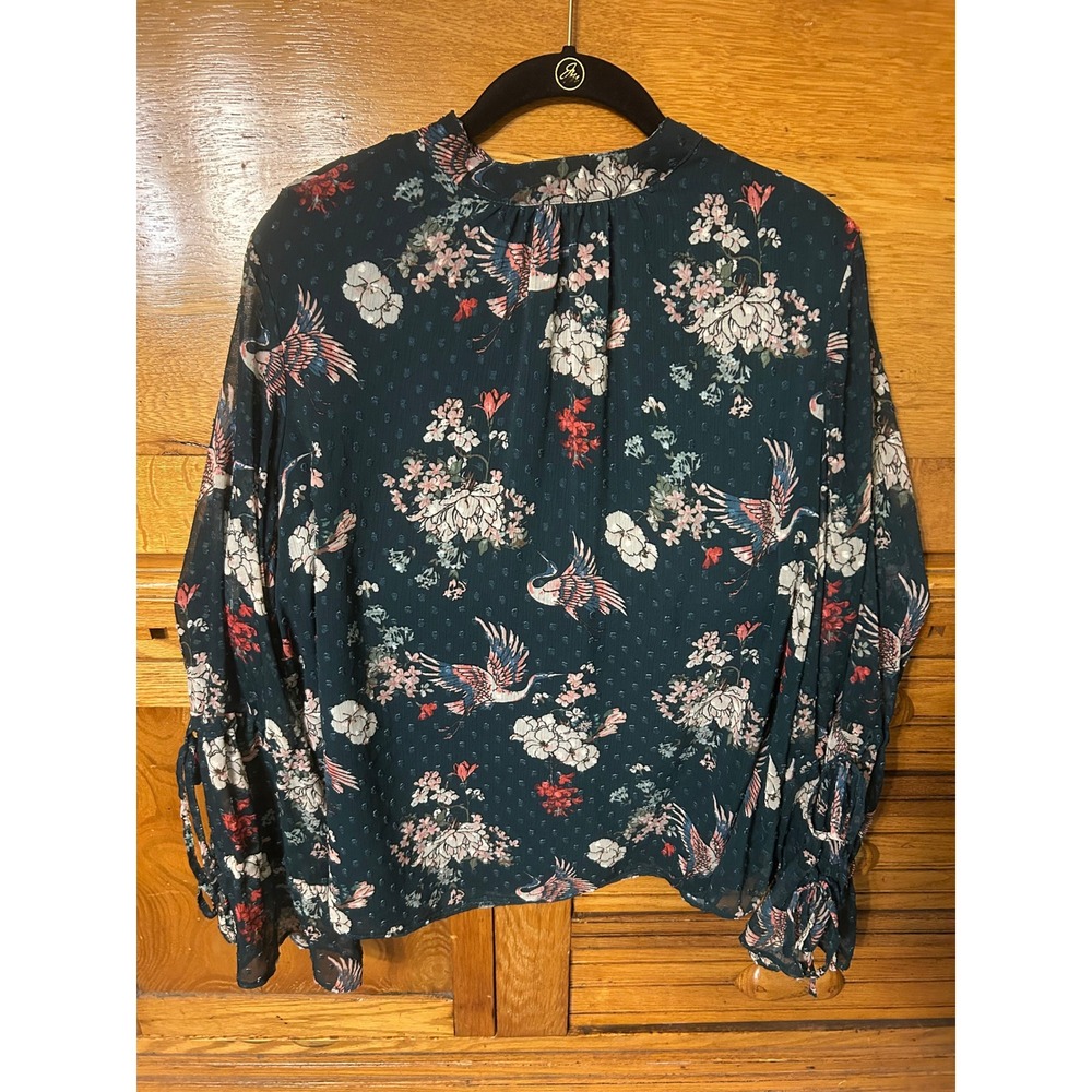 Kensie Jeans Dark Boho Floral Crane Print Mock Neck Blouse Sheer Bell Sleeve